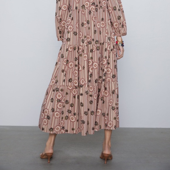 Red Camel Printed Floral Stripe Poplin Midi Dress - Picture 12 of 13